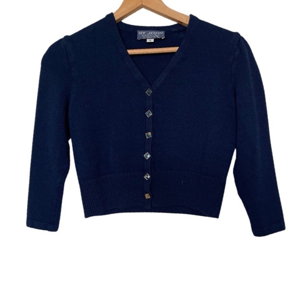 St John Evening Cardigan Womens 6 Navy Blue Jeweled Button Cropped V-Neck Knit